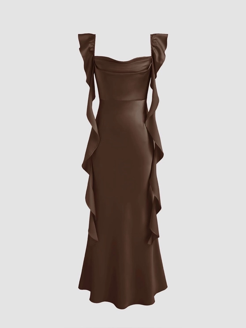 NWT Cider Chocolate Satin Ruffle Maxi Dress in Espresso Brown
